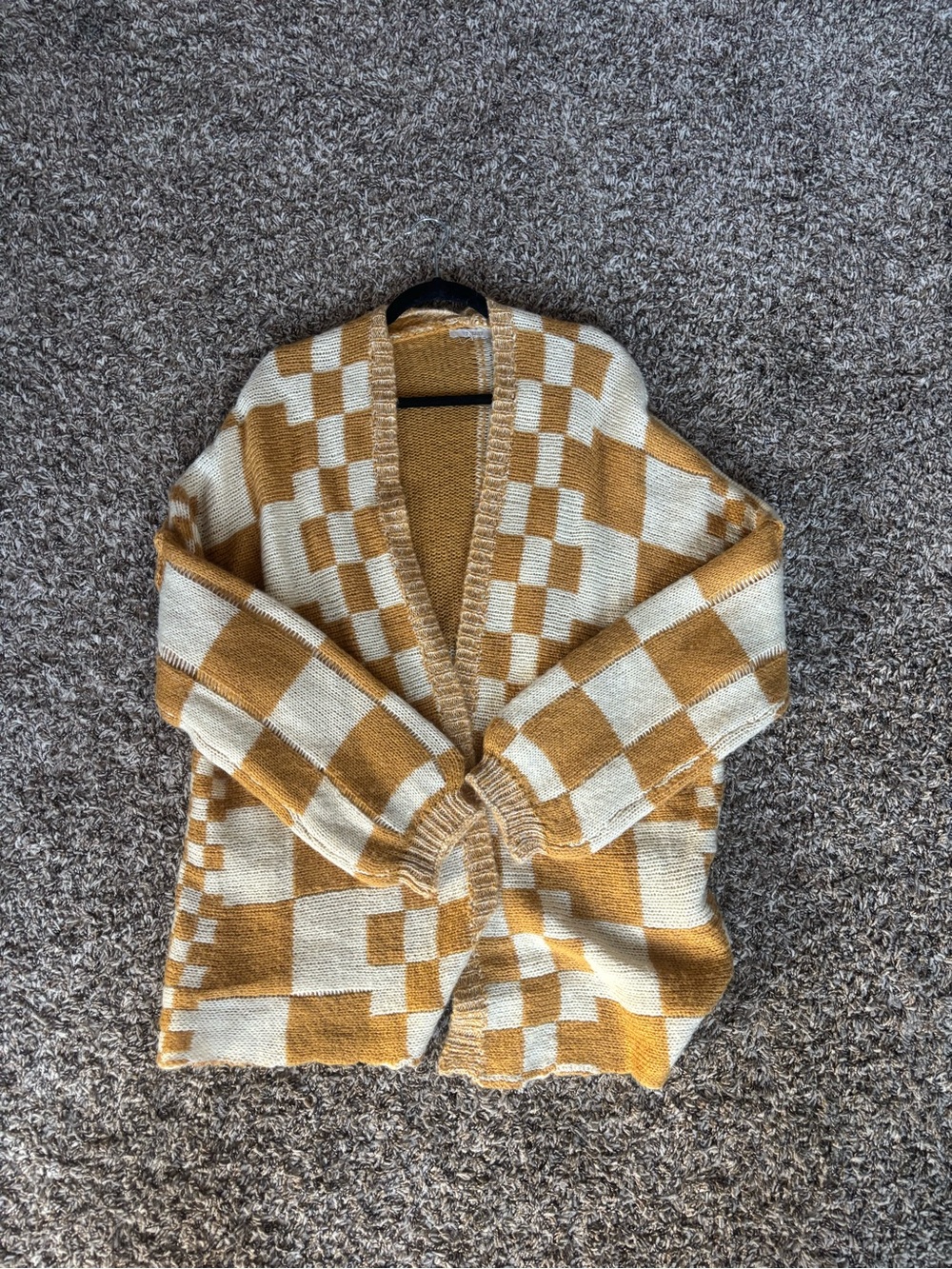 Checkerboard Open-Front Women's Cardigan Sweater - Mustard & Cream